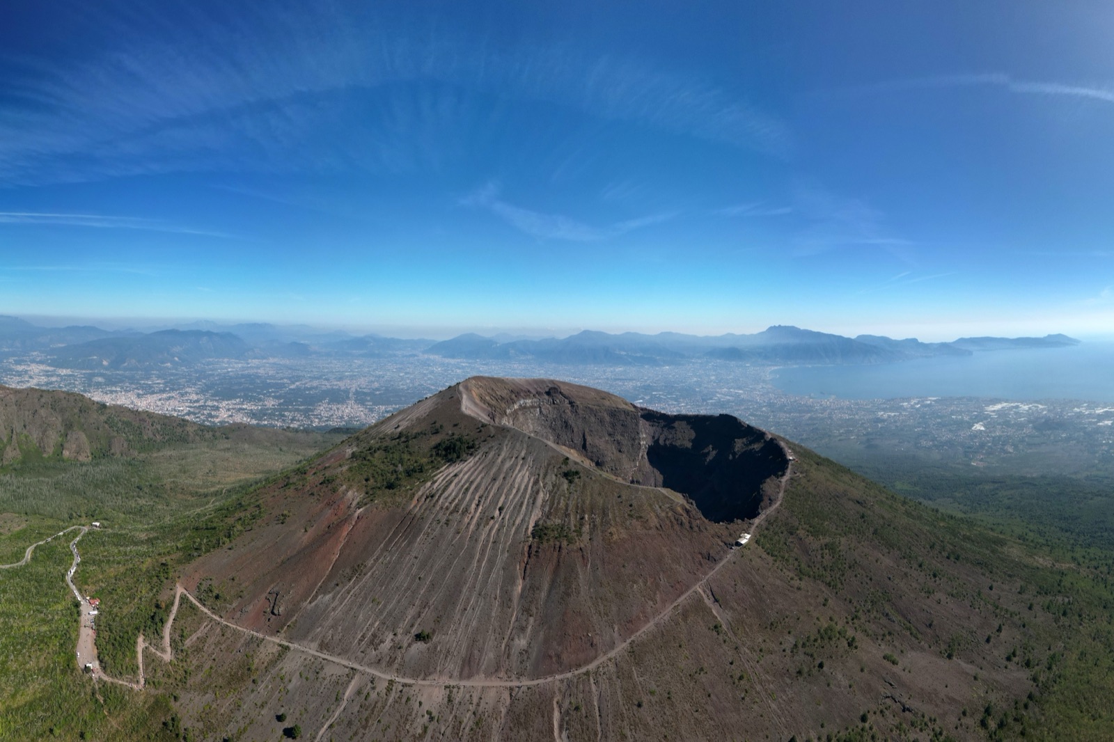 Aerial view over the cone of Mount Vesuvius